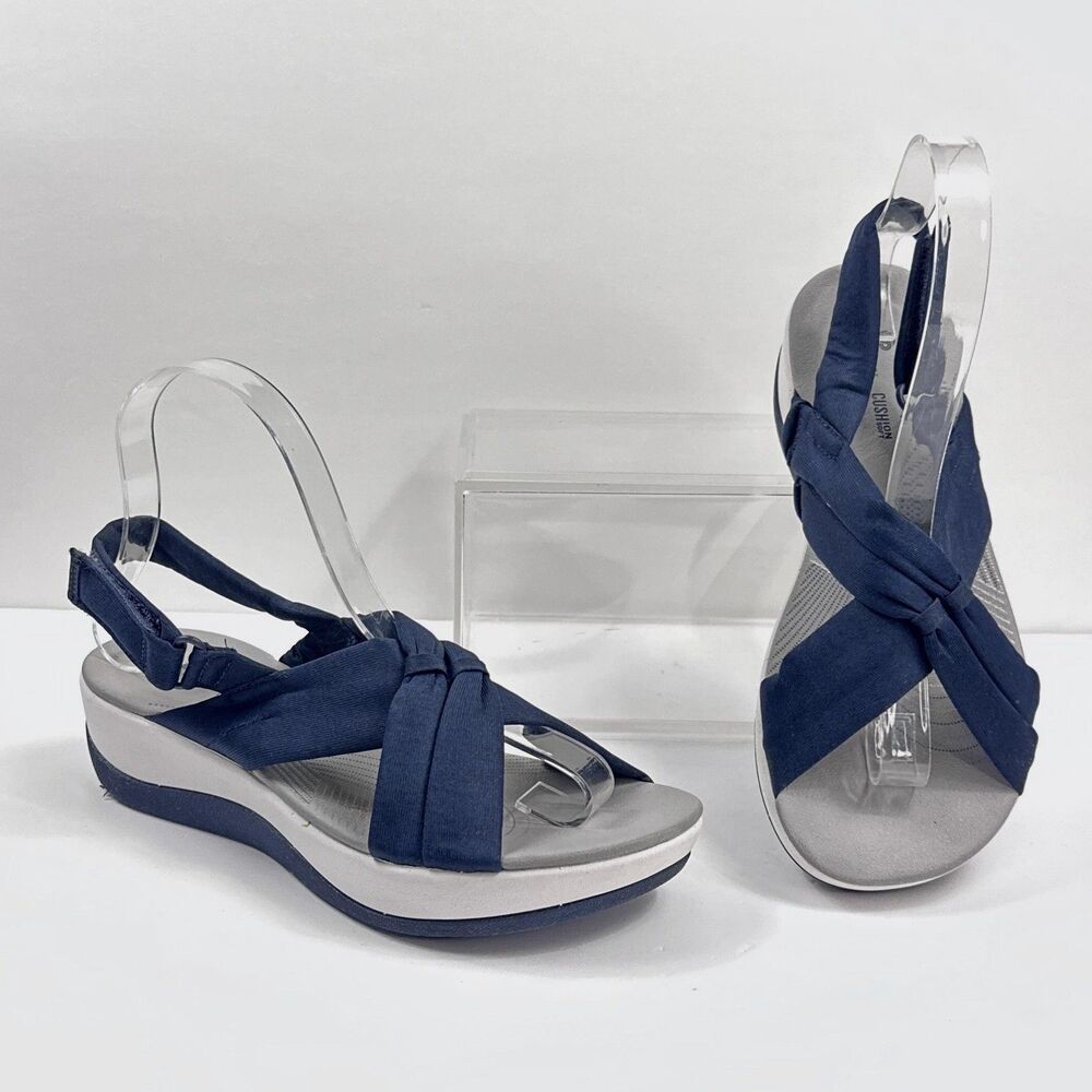 Clarks Cloudsteppers Sandals Womens 7 Navy Slingback Wedge Aria Belle Comfort